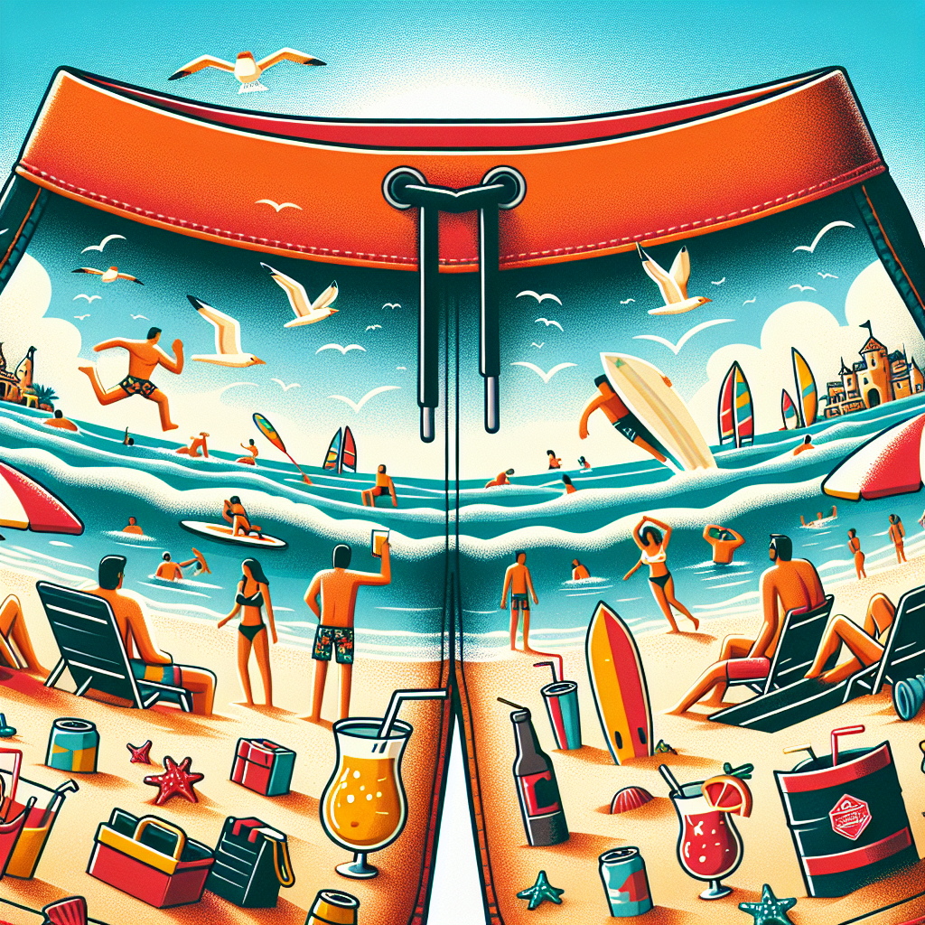 Quiksilver badebukser på en solrik strand, med surfing og sommeraktiviteter i bakgrunnen