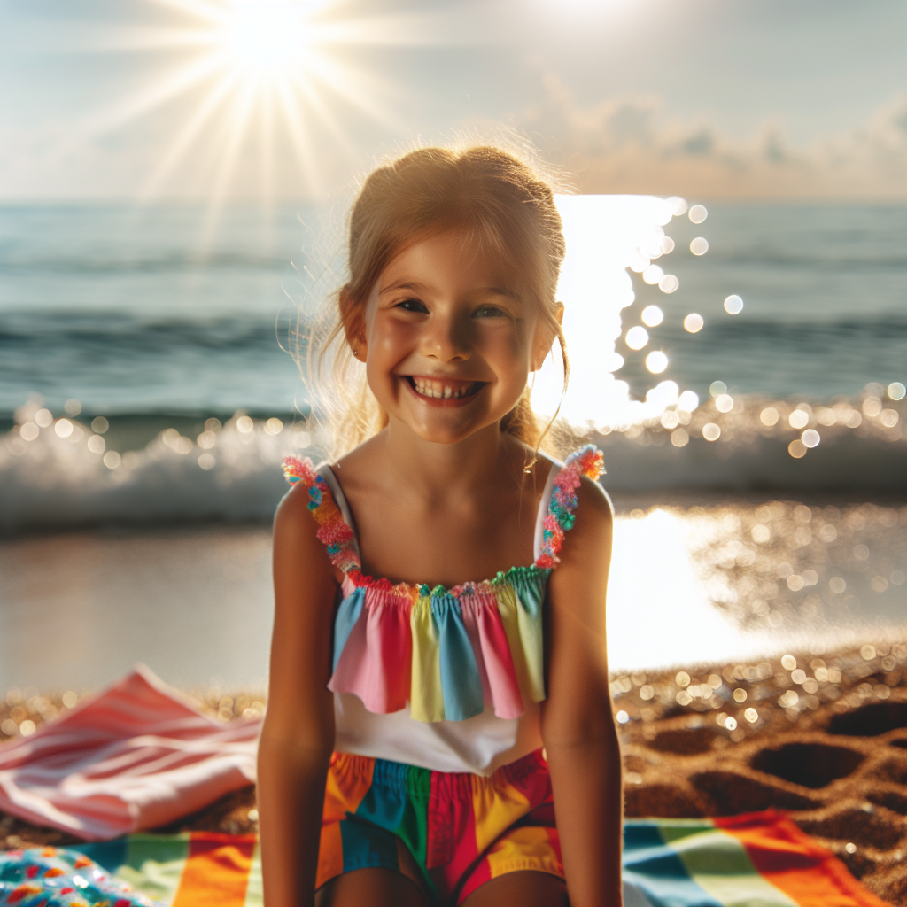 Bilde av et smilende barn på stranden iført fargerike barnebadebukser, sol, stille bølger og en strandhåndduk i bakgrunnen, lyst og vennlig