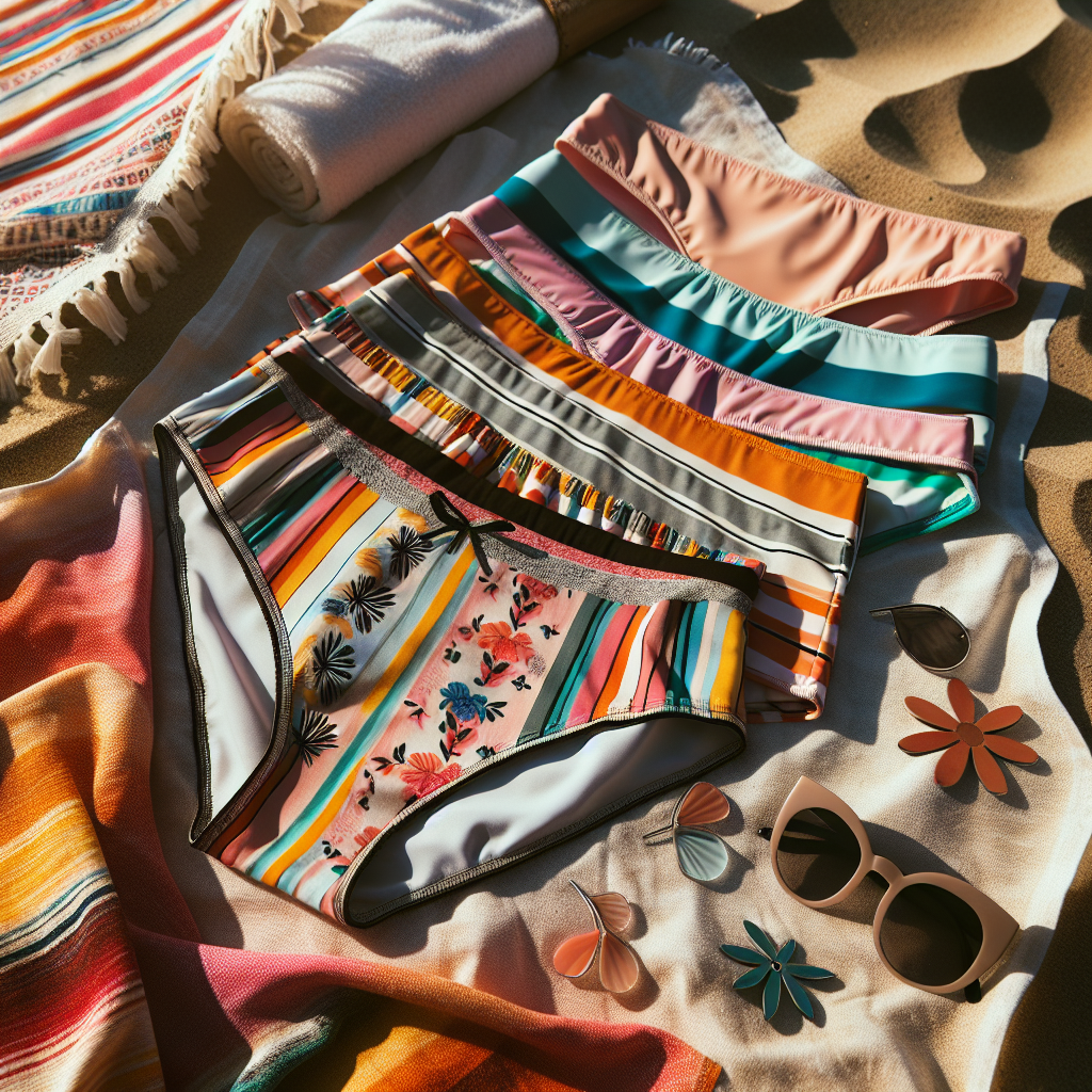 Fargerike bikini-underdeler lagt opp i flat lay på en sandstrand, naturlig sollys, inkludert solbriller og strandhåndkle, moderne og fristende estetikk