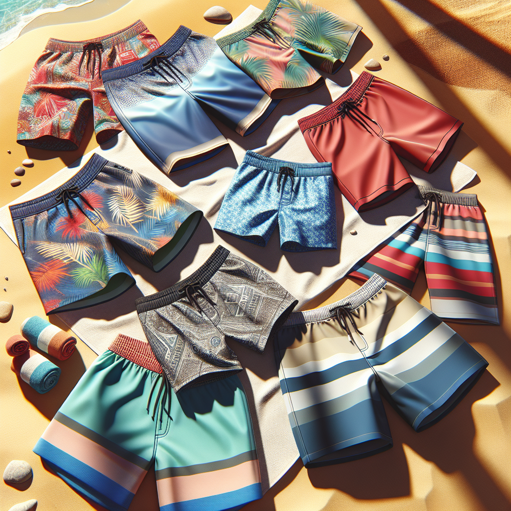 En moderne, solfylt strandscene med ulike typer svømmeshorts hengende eller lagt frem på et strandhåndkle; tydelig detalj på stofftekstur og farger.