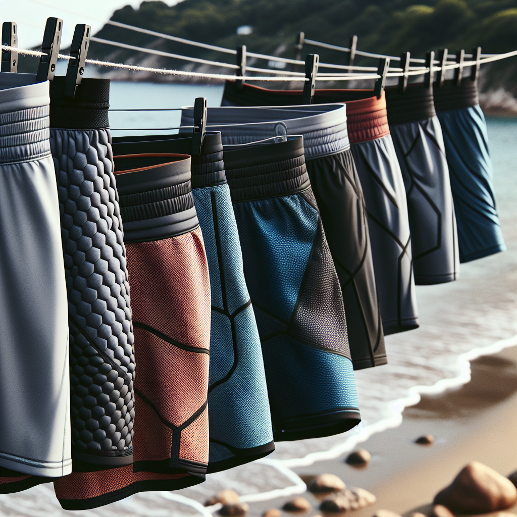 Nærbilde av moderne badebukser i ulike tekniske stoffer hengende til tørk ved kysten, fokus på tekstur, farger og materialdetaljer