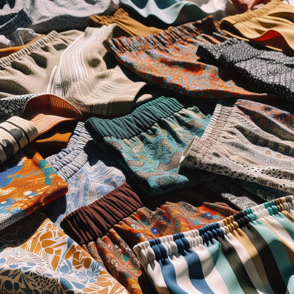 Nærbilde av en variert samling tankini-underdeler på en sandstrand: ulike farger og mønstre, teksturer synlige, naturlig lys, sommerlig og stilrent