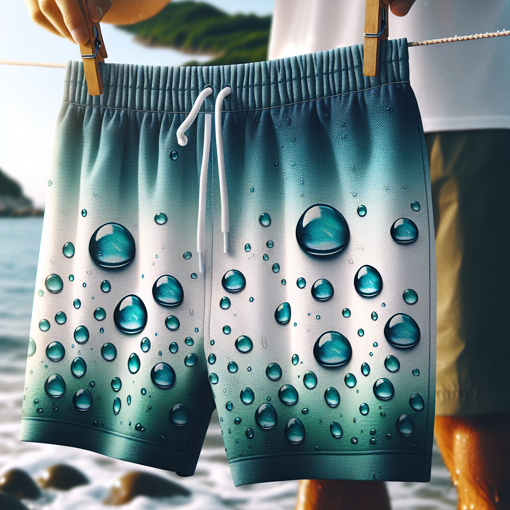 Nærbilde av en svømmeshorts hengende til tørk ved vannkanten; dråper på stoffet, tydelig tekstur i polyester/lycra, frisk farge, sollys og moderne stil