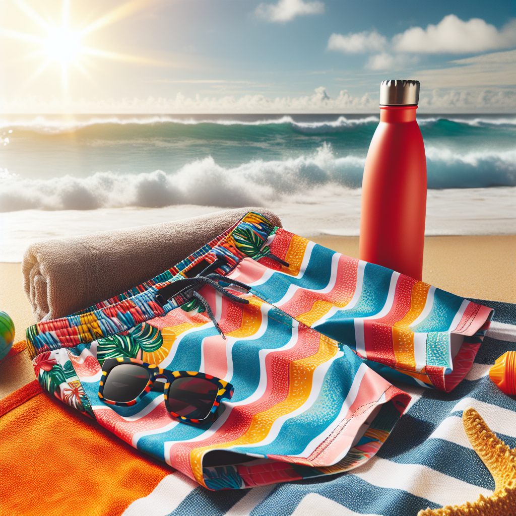Solfylt norsk strand med fargerike badebukser lagt på et mikrofiberhåndkle, solbriller, vannflaske og bølger i bakgrunnen, moderne og høy oppløsning