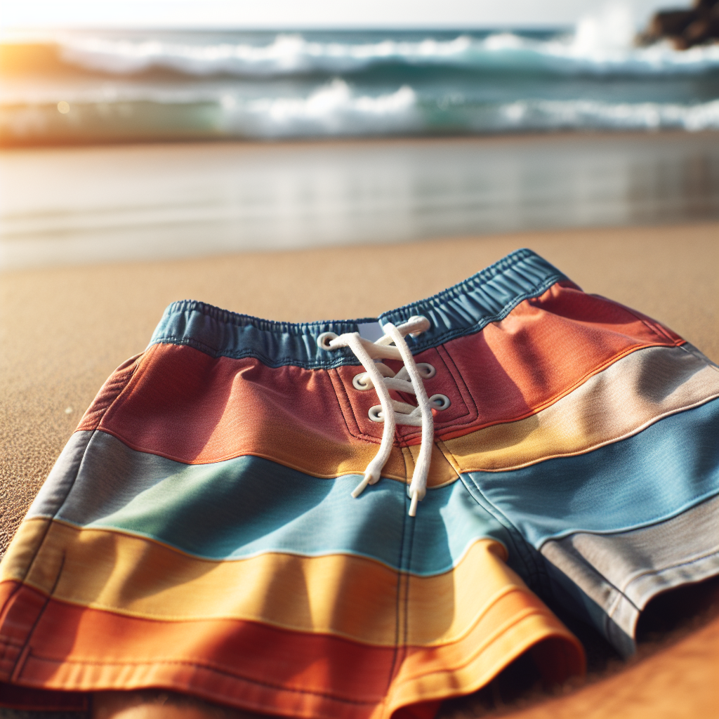 Fargerike surfe-shorts på sand ved vannkanten, nærbilde av stofftekstur og snøring, svake bølger i bakgrunnen, naturlig sollys, moderne og friluftsestetikk