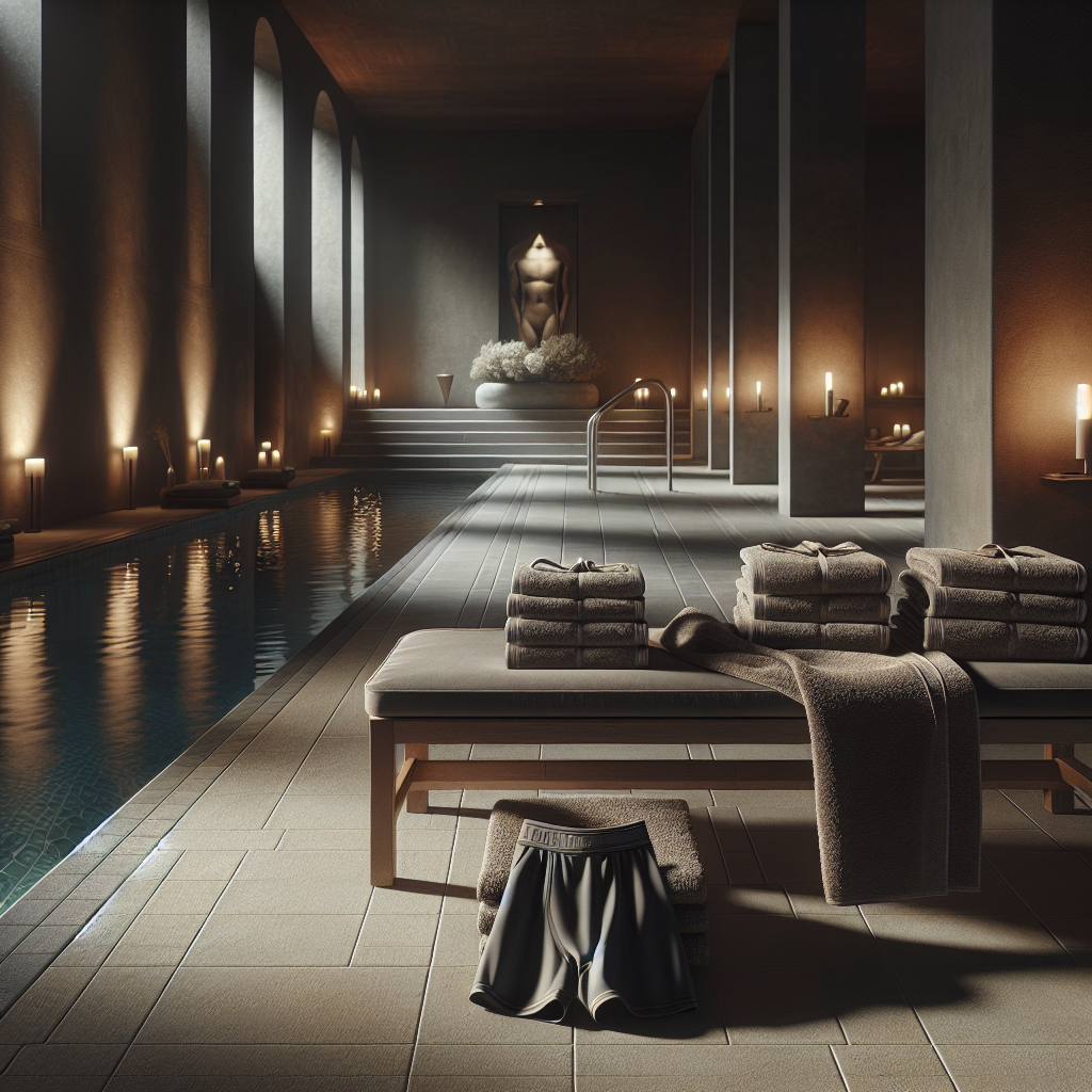 Et rolig spa-interiør ved et termalbasseng, dempet belysning, myke håndklær og et par elegante badebukser på en benk, varm og avslappende atmosfære