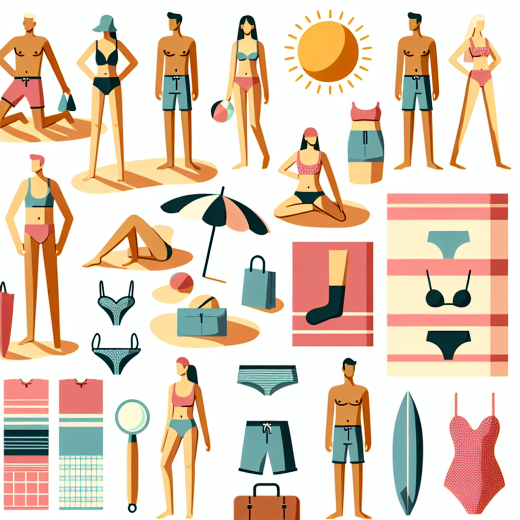 Solfylt strandscene med mennesker i ulike typer badebukser: svømmetights, badeshorts og tankini-underdel, parasoll, håndklær, og diskret strandbag, moderne fargepalett