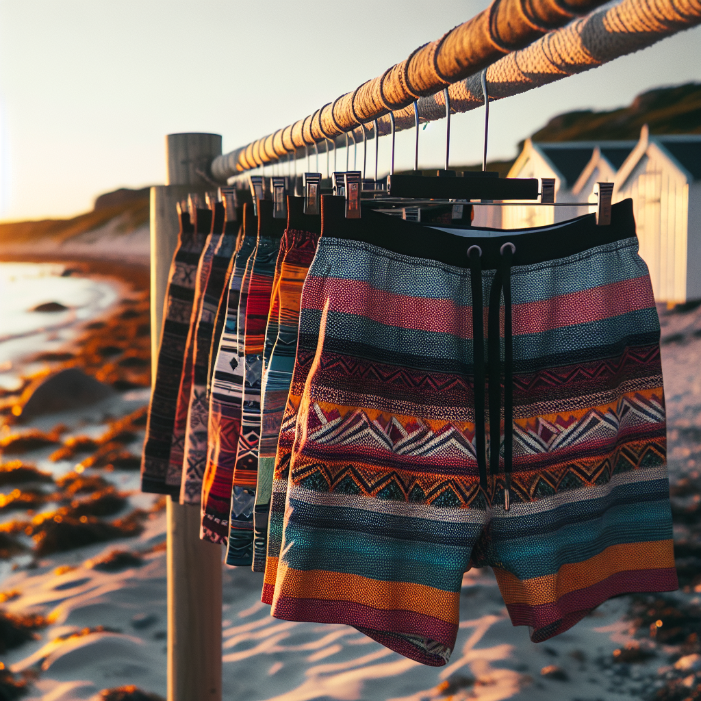 Fargeglade badebukser hengende på en strandstang ved nordisk kystlinje i mykt kveldslys, detaljert stofftekstur, moderne sommerstil