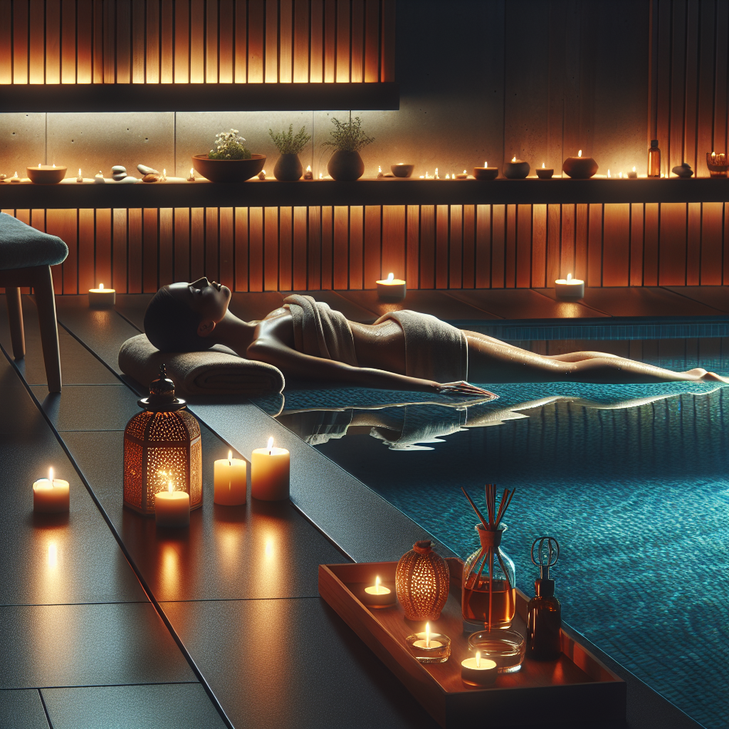 Rolig spa-scene ved bassengkanten med dempet lys, en person som flyter på ryggen i varmt vann, håndkle og aromaterapi på sidetabell, nordisk stil