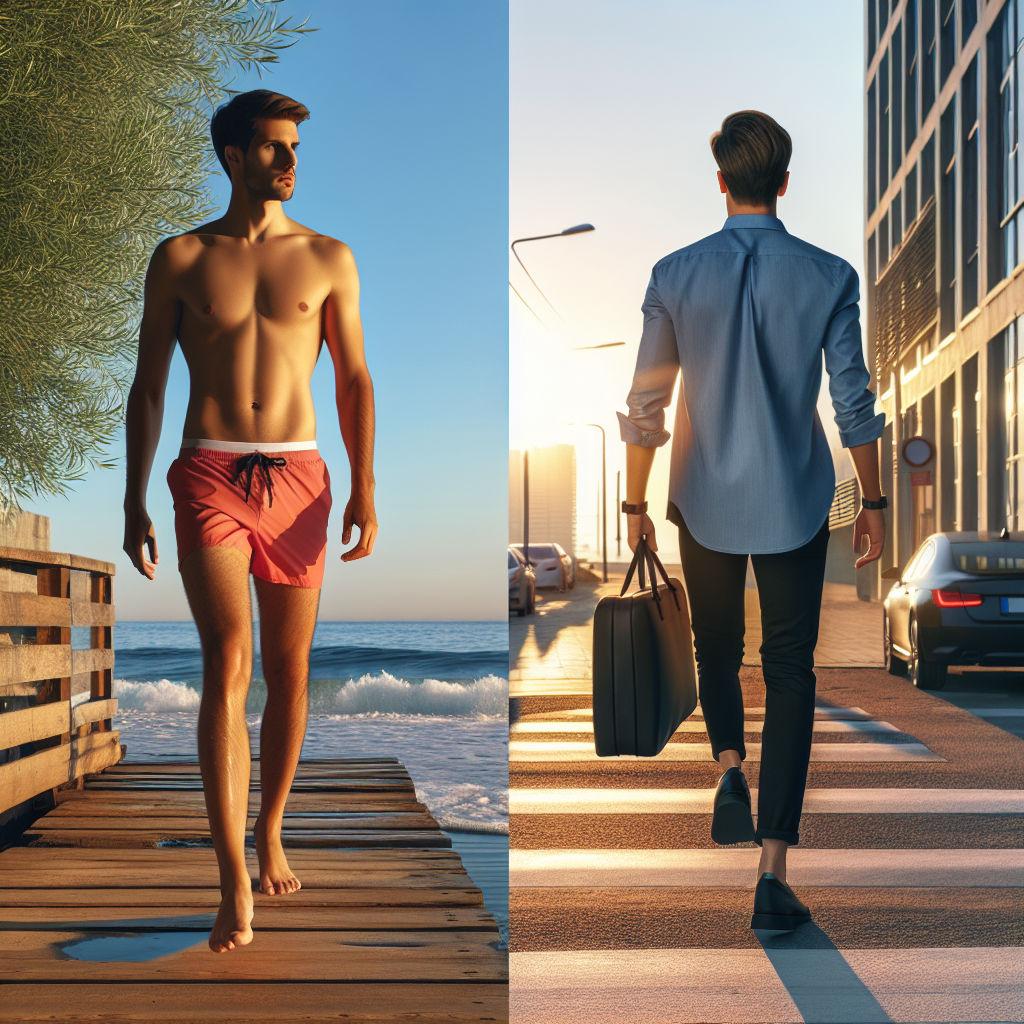 En moderne sommerscene: en person i stilrene badebukser og avslappet skjorte som går fra strandpromenade til bygate, mykt morgenlys, urbant bakteppe, naturlige farger