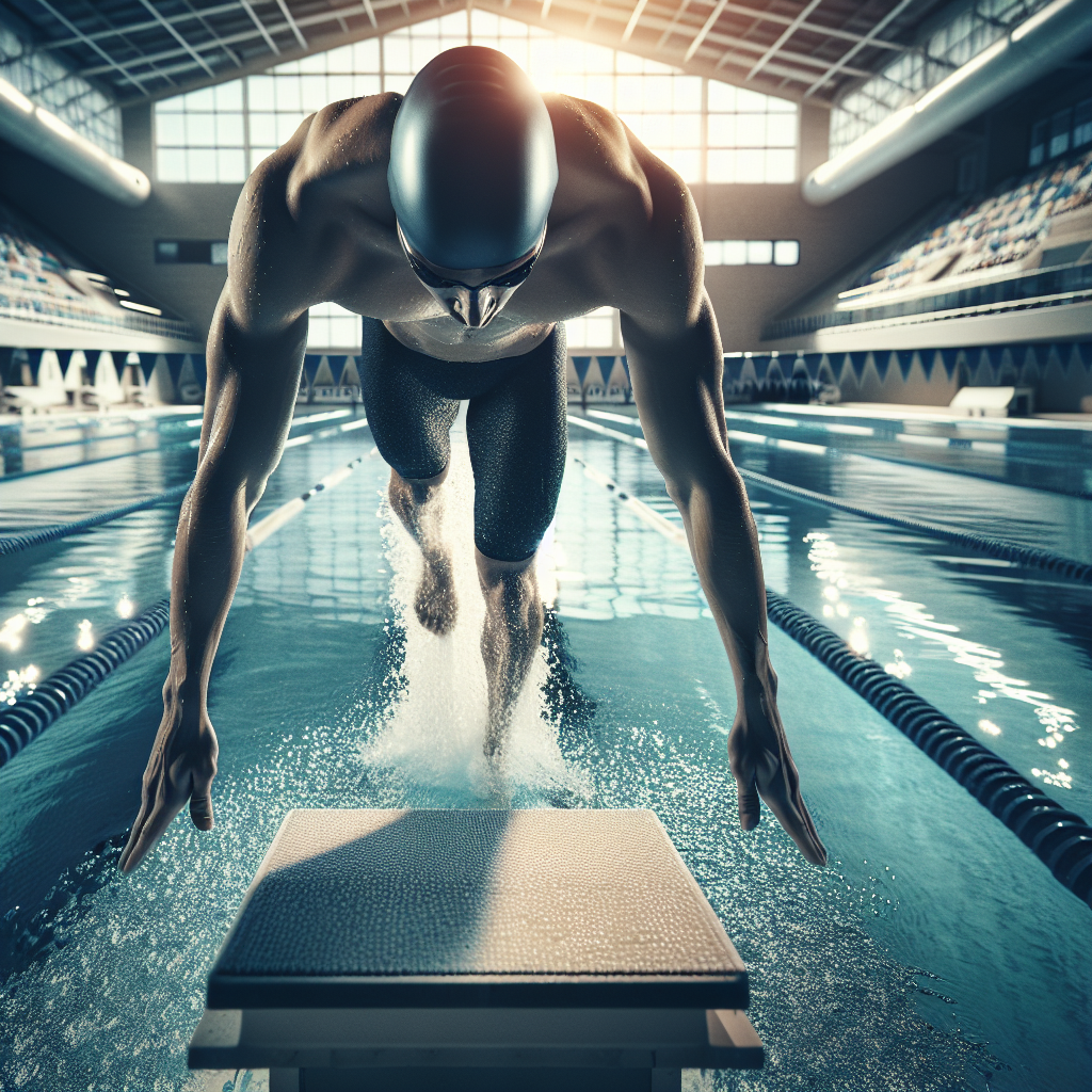 En atletisk konkurransesvømmer i startposisjon på blokk, klar for avspark i et innendørs konkurransebasseng, fokus på dynamikk og bevegelse, klart lys