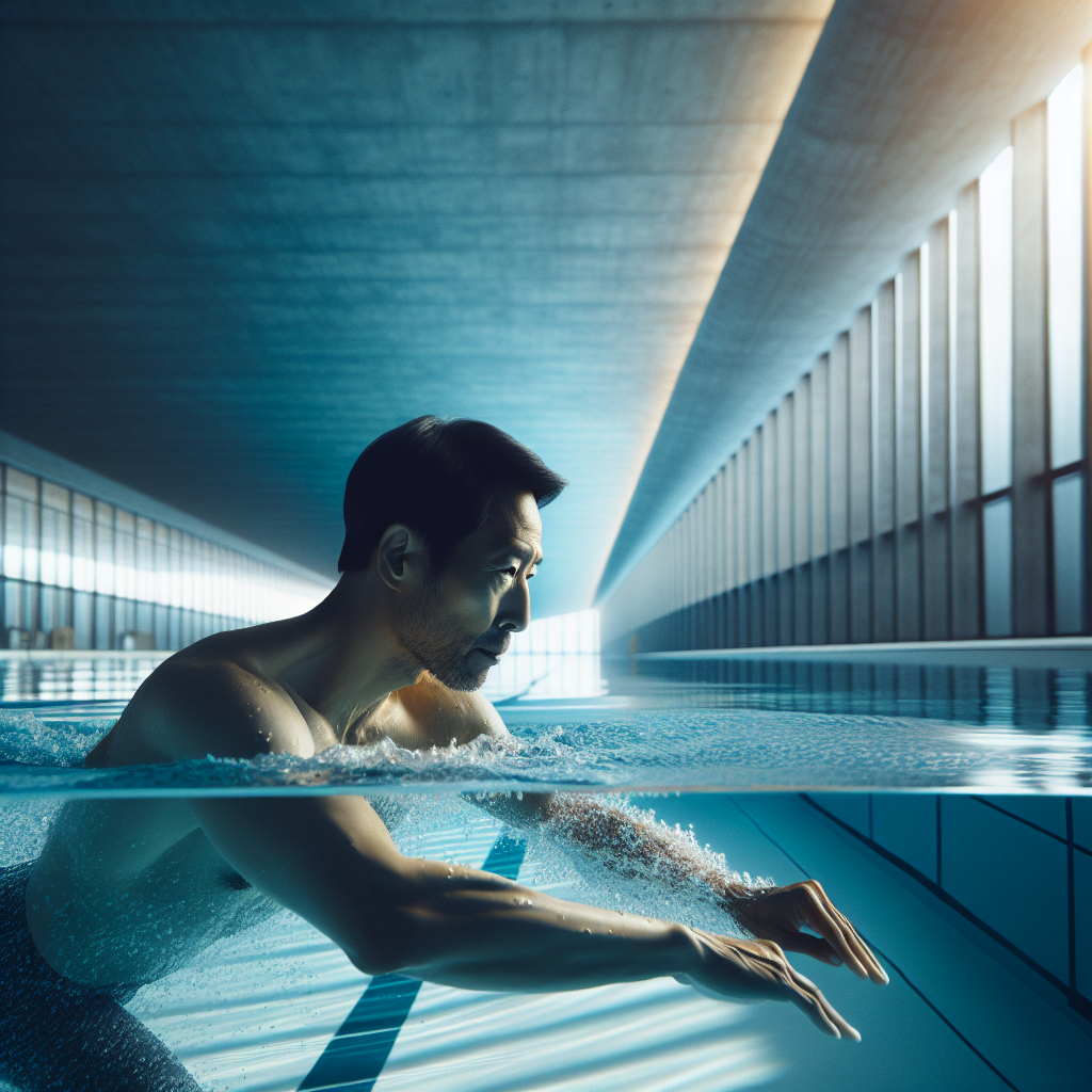 En voksen svømmer i vannlinjen, fokus på teknikk og kroppslinje, minimalistisk bakgrunn, blått bassenglys, moderne stil